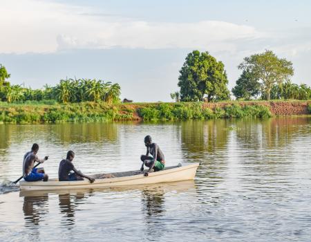 People canoeing down a river