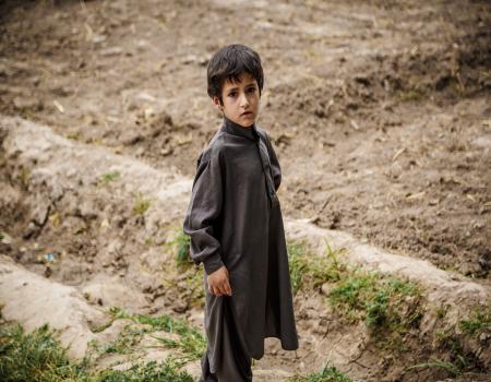 A young boy standing in a field